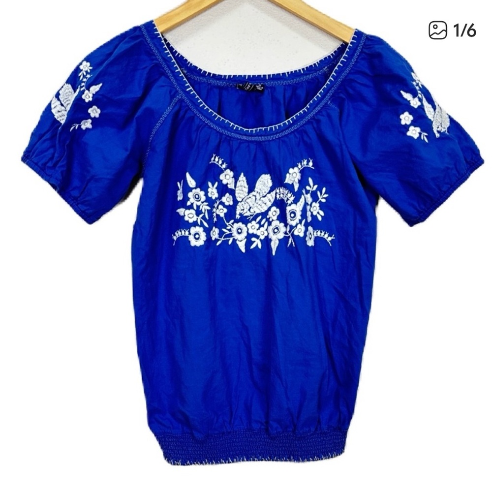 Anthropologie One‎ September Cobalt Blue Embroidered Peasant Top Blouse Women’s